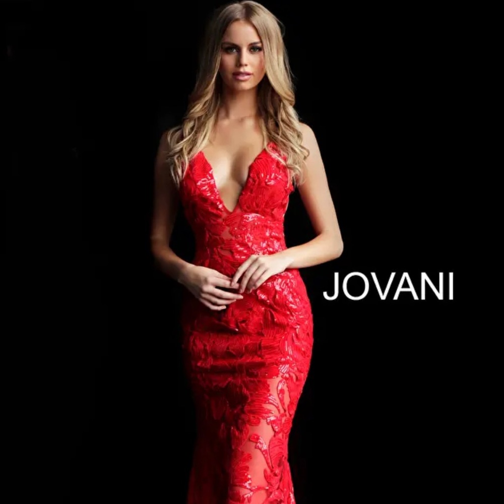 Jovani Red Lace Plunge Prom Dress